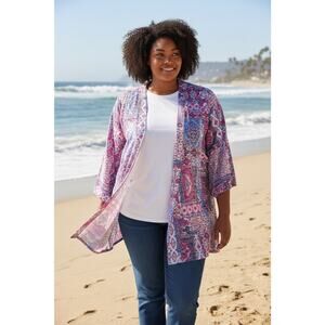 Allison Daley Cardigan Sweater Womens 3X Pink Blue Open Front 3/4 Sleeve Boho